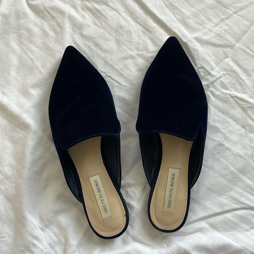 Saks Fifth Avenue Navy Velvet Mule Slides 7.5
